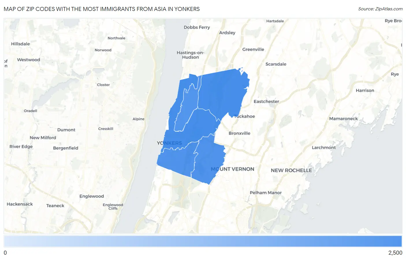 Zip Codes with the Most Immigrants from Asia in Yonkers Map