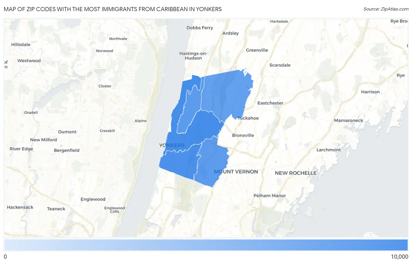 Zip Codes with the Most Immigrants from Caribbean in Yonkers Map