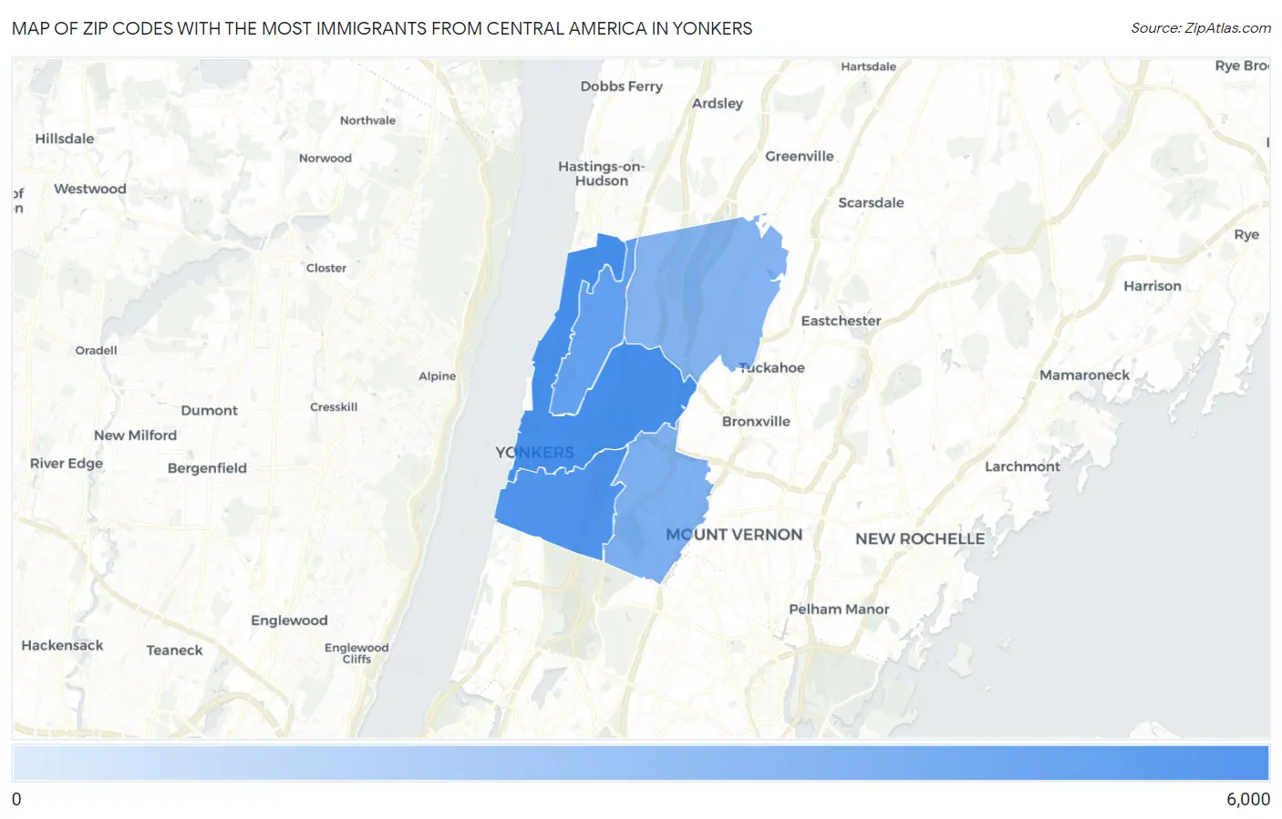 Zip Codes with the Most Immigrants from Central America in Yonkers Map