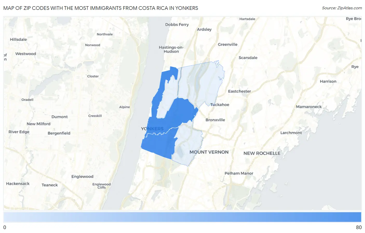 Zip Codes with the Most Immigrants from Costa Rica in Yonkers Map