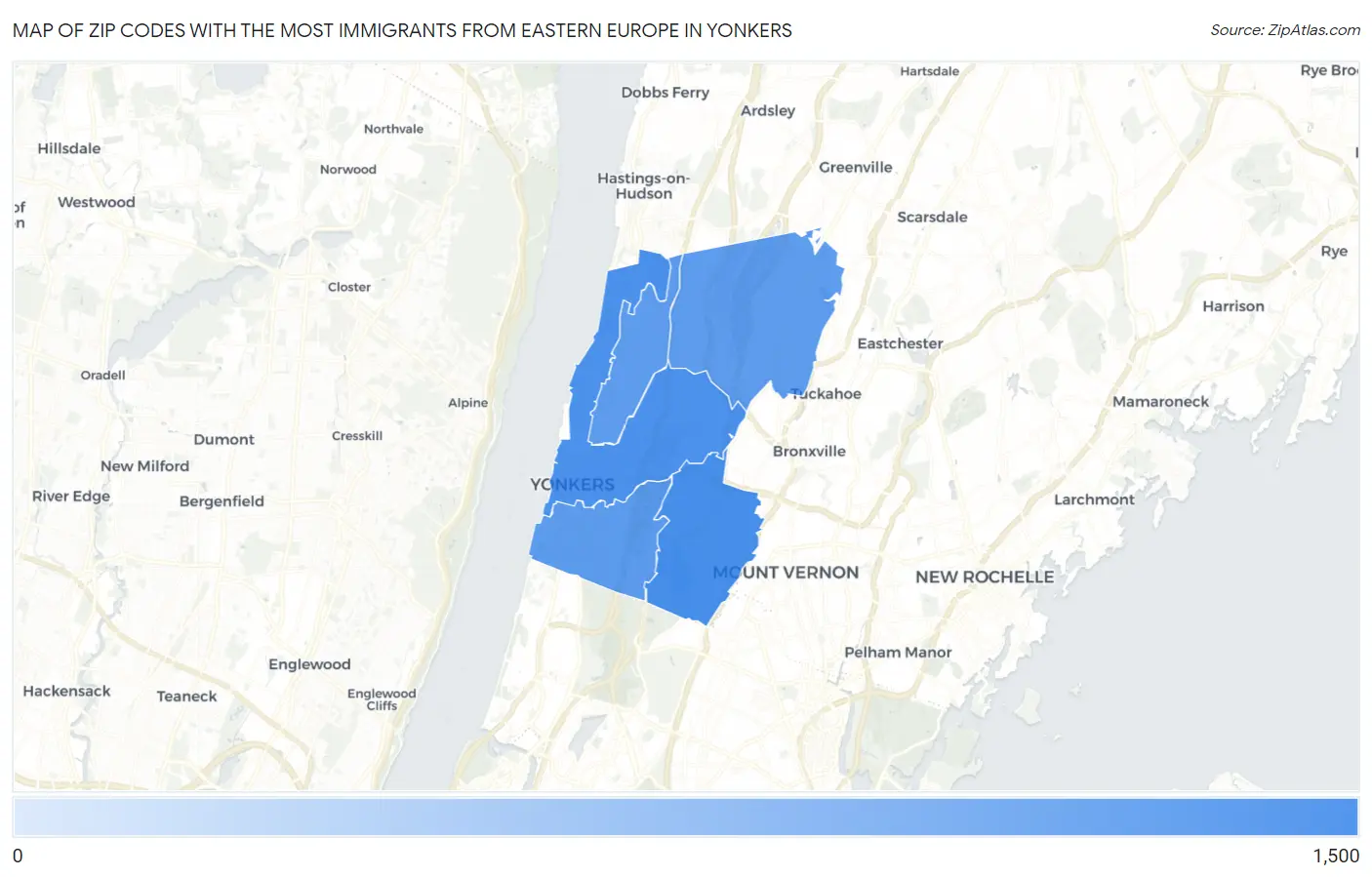 Zip Codes with the Most Immigrants from Eastern Europe in Yonkers Map
