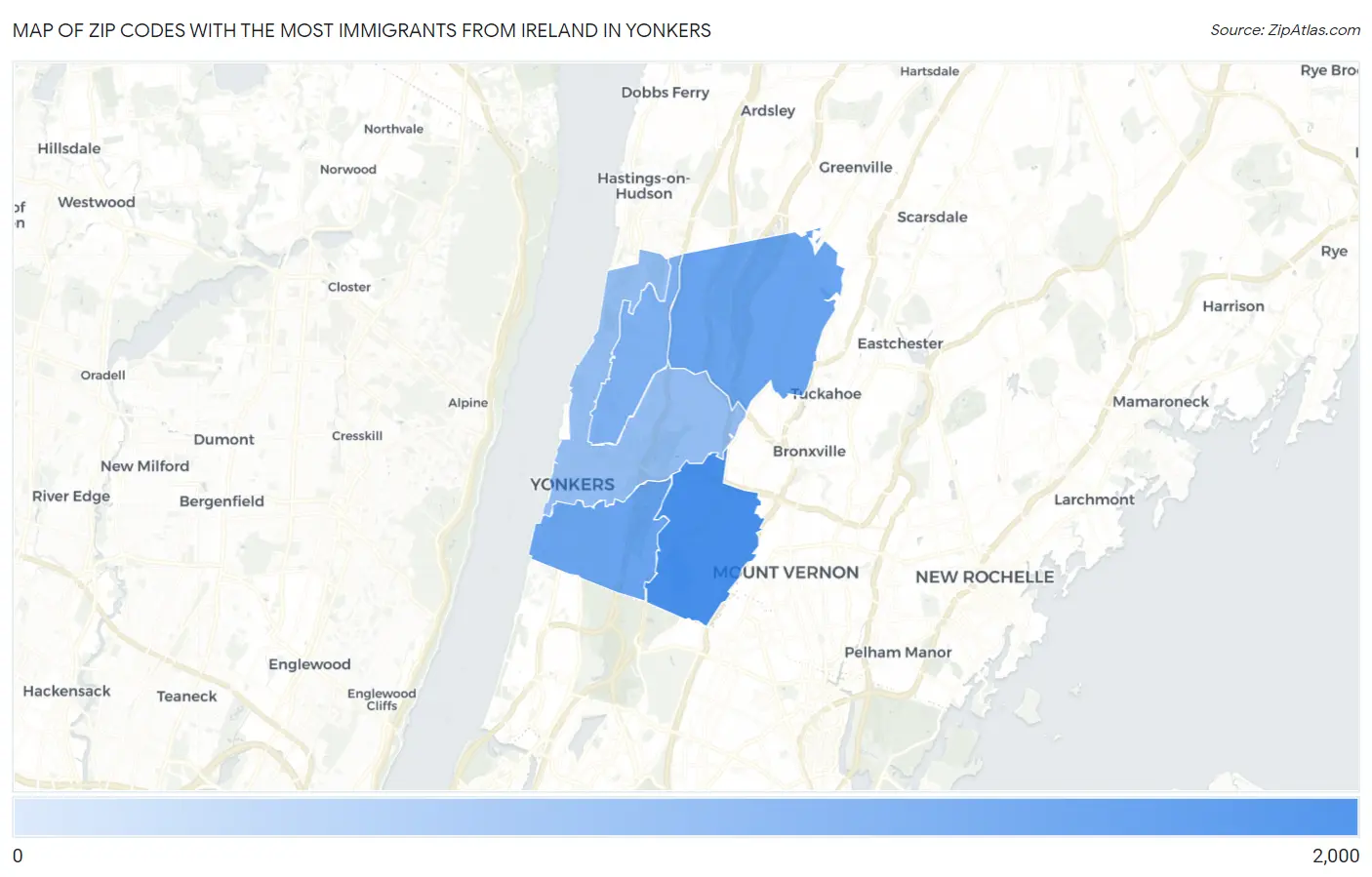 Zip Codes with the Most Immigrants from Ireland in Yonkers Map