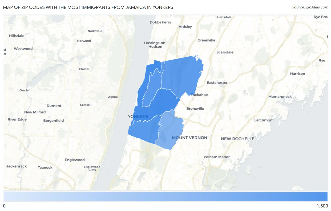 Zip Codes with the Most Immigrants from Jamaica in Yonkers Map