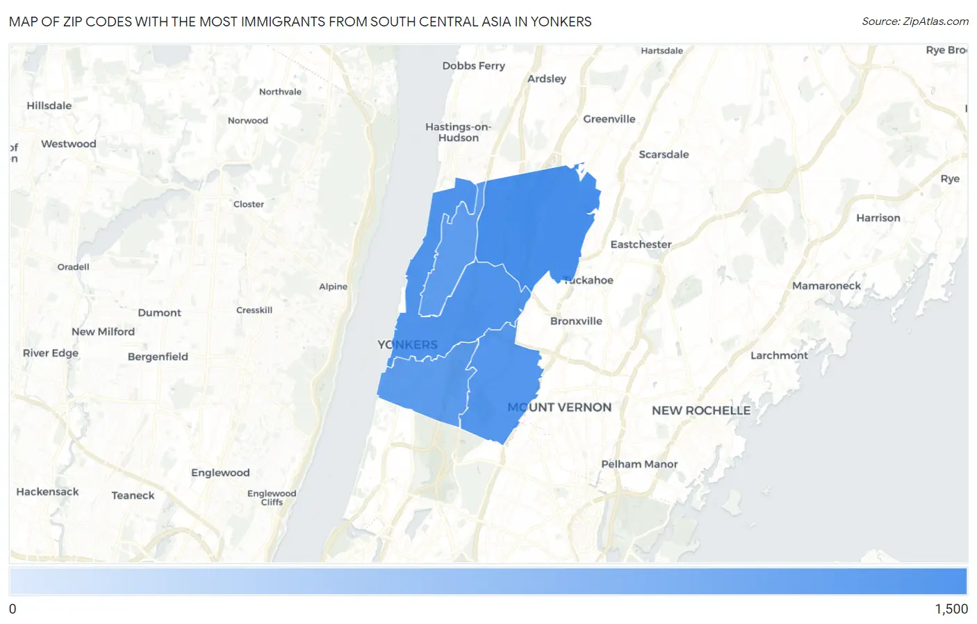 Zip Codes with the Most Immigrants from South Central Asia in Yonkers Map