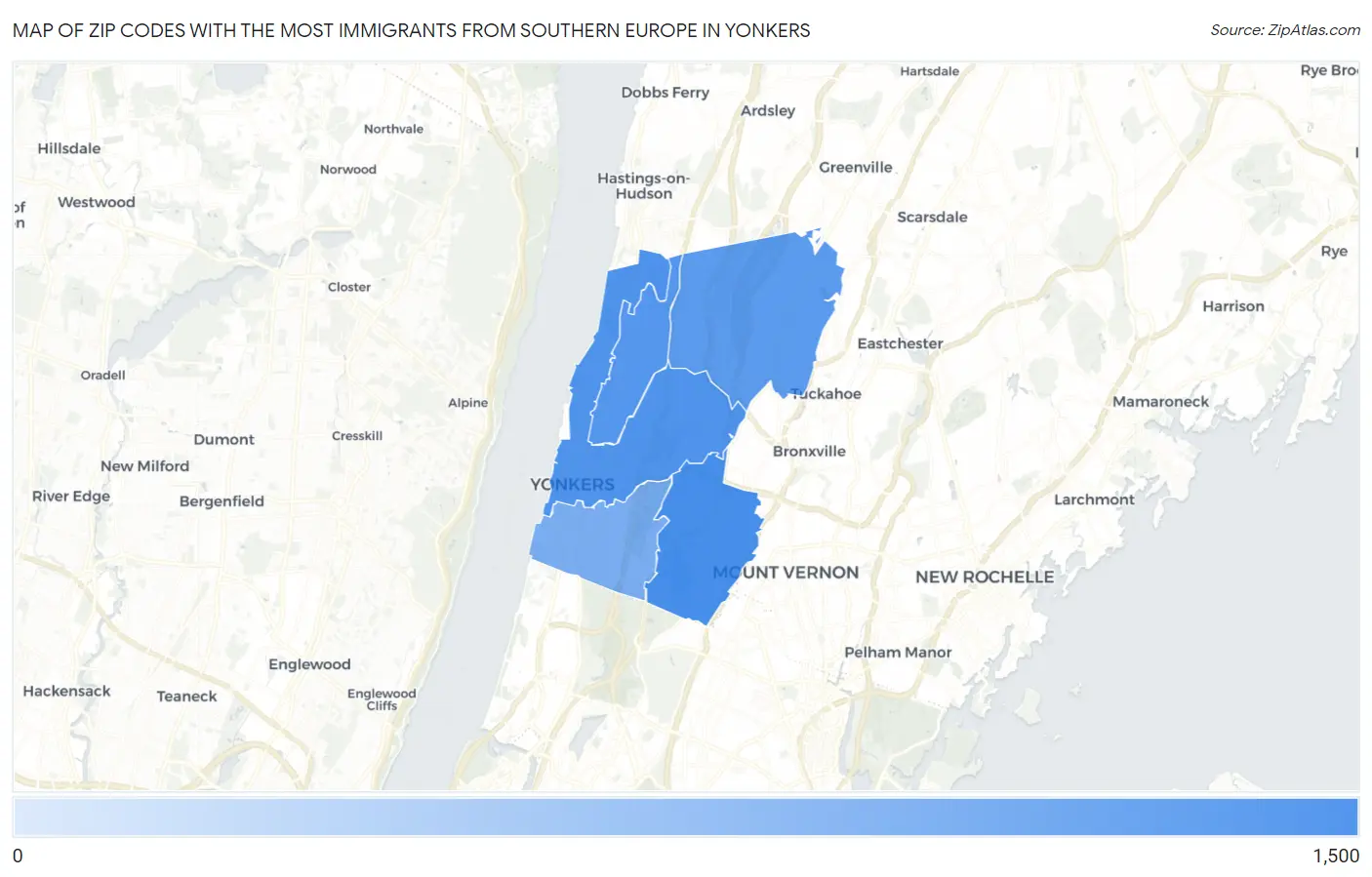 Zip Codes with the Most Immigrants from Southern Europe in Yonkers Map