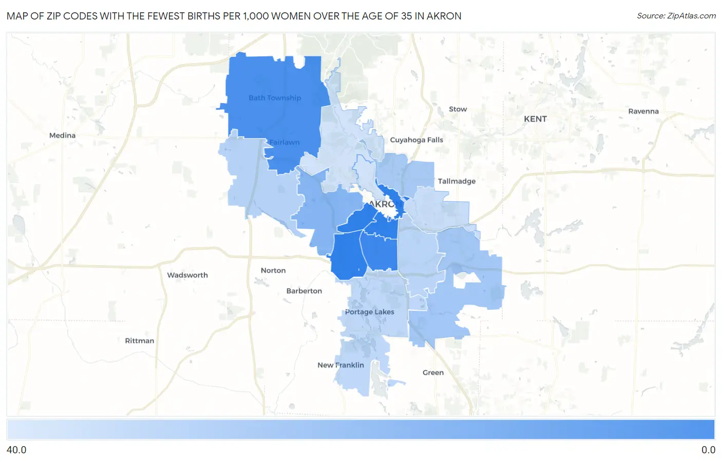 Zip Codes with the Fewest Births per 1,000 Women Over the Age of 35 in Akron Map
