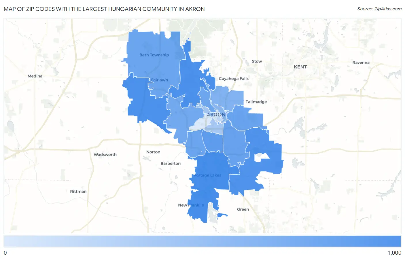 Zip Codes with the Largest Hungarian Community in Akron Map