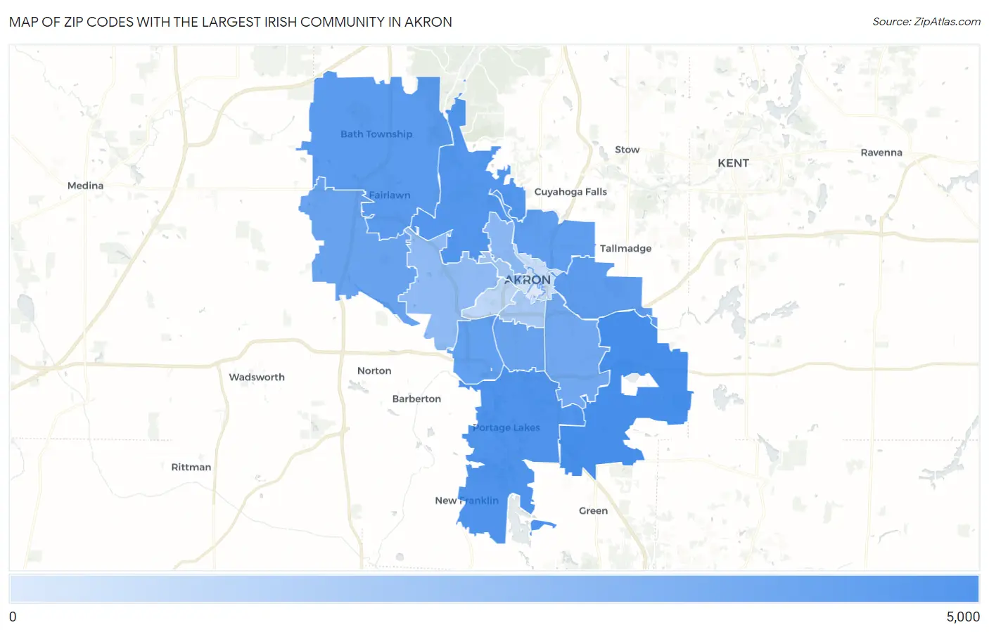 Zip Codes with the Largest Irish Community in Akron Map