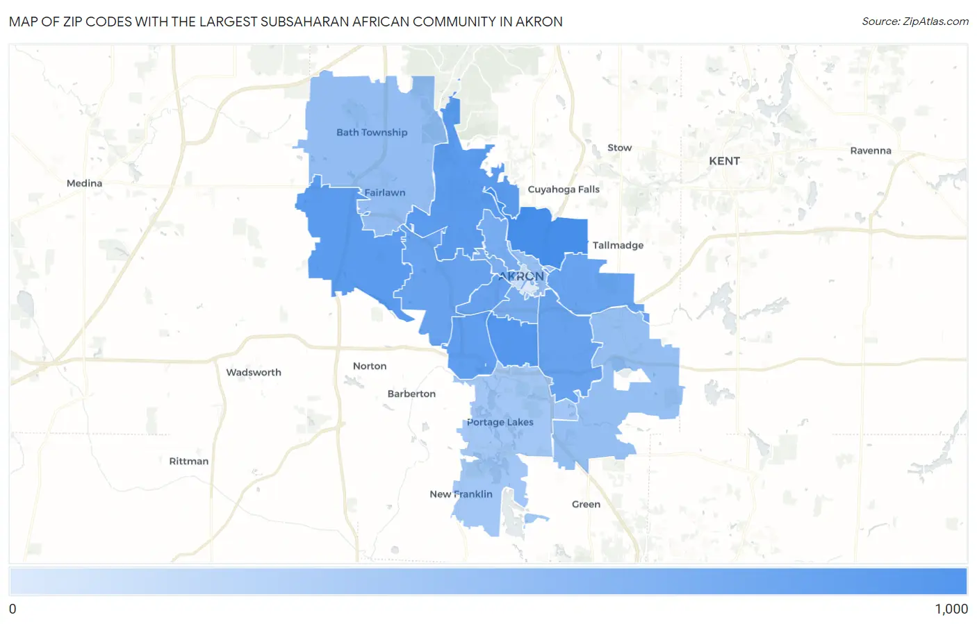 Zip Codes with the Largest Subsaharan African Community in Akron Map