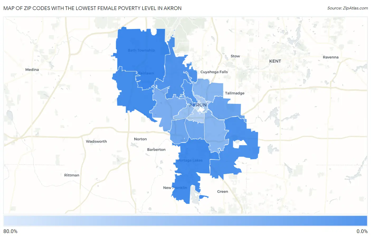 Zip Codes with the Lowest Female Poverty Level in Akron Map
