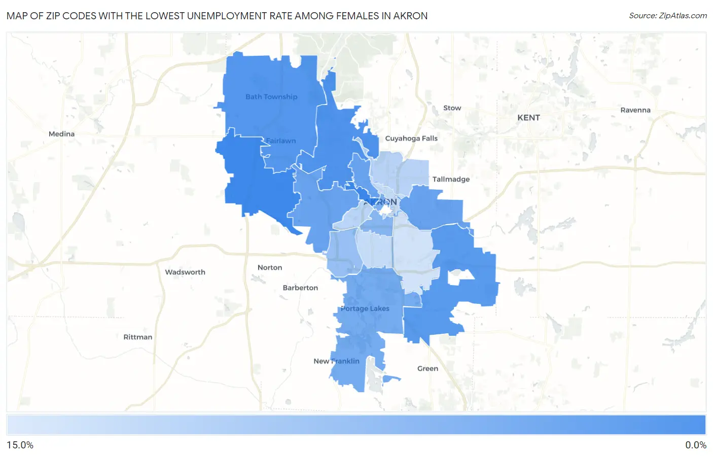 Zip Codes with the Lowest Unemployment Rate Among Females in Akron Map