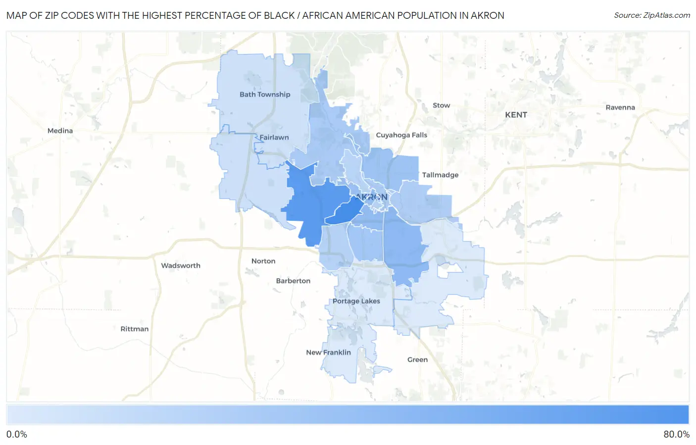Zip Codes with the Highest Percentage of Black / African American Population in Akron Map