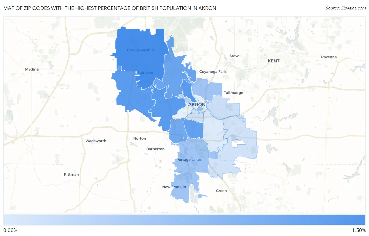 Zip Codes with the Highest Percentage of British Population in Akron Map