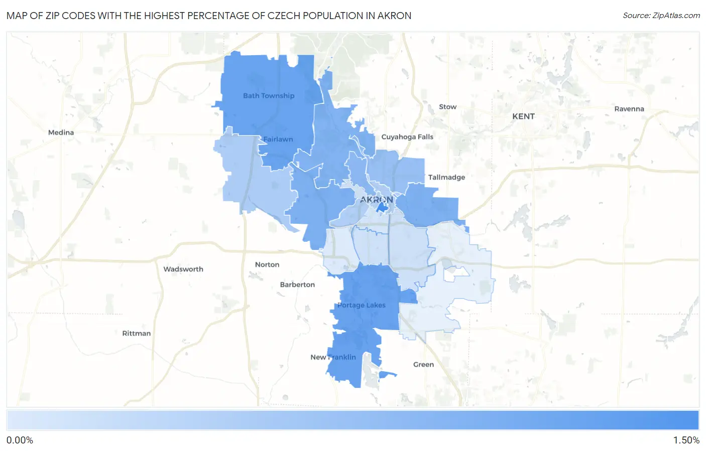 Zip Codes with the Highest Percentage of Czech Population in Akron Map
