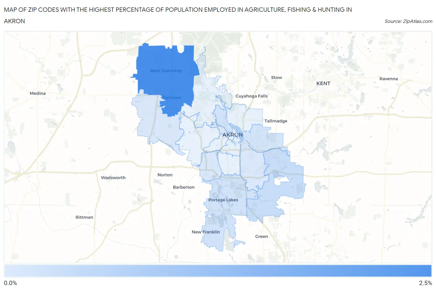 Zip Codes with the Highest Percentage of Population Employed in Agriculture, Fishing & Hunting in Akron Map