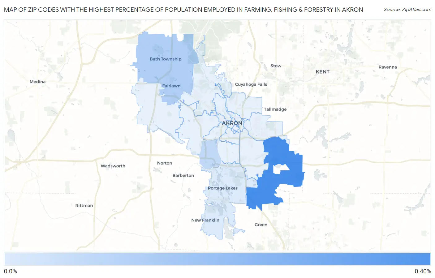 Zip Codes with the Highest Percentage of Population Employed in Farming, Fishing & Forestry in Akron Map