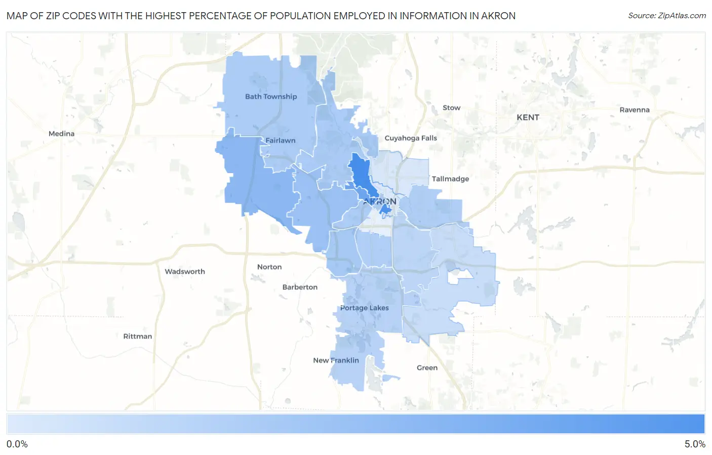 Zip Codes with the Highest Percentage of Population Employed in Information in Akron Map