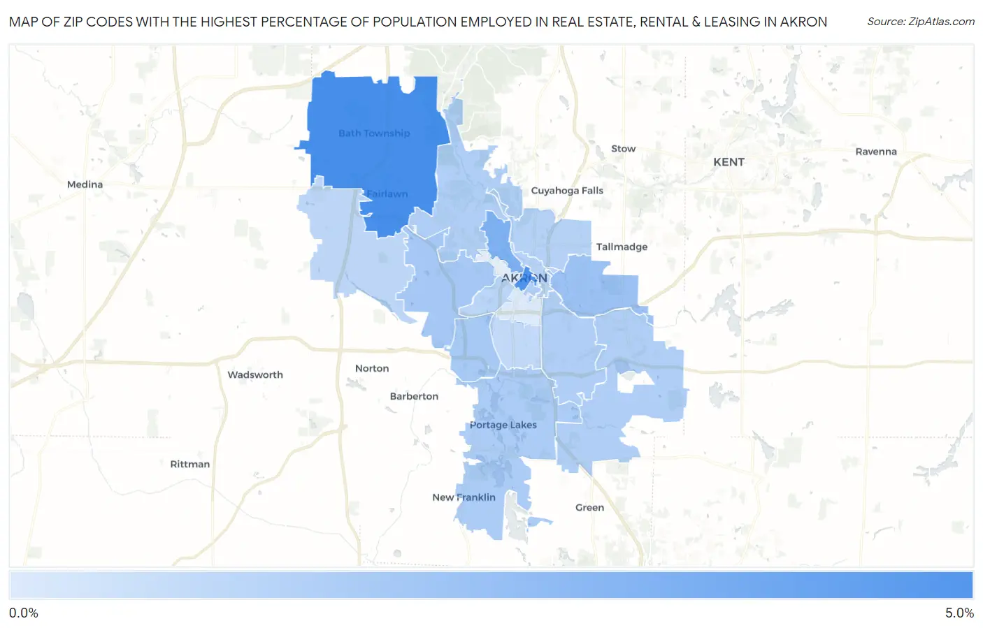 Zip Codes with the Highest Percentage of Population Employed in Real Estate, Rental & Leasing in Akron Map