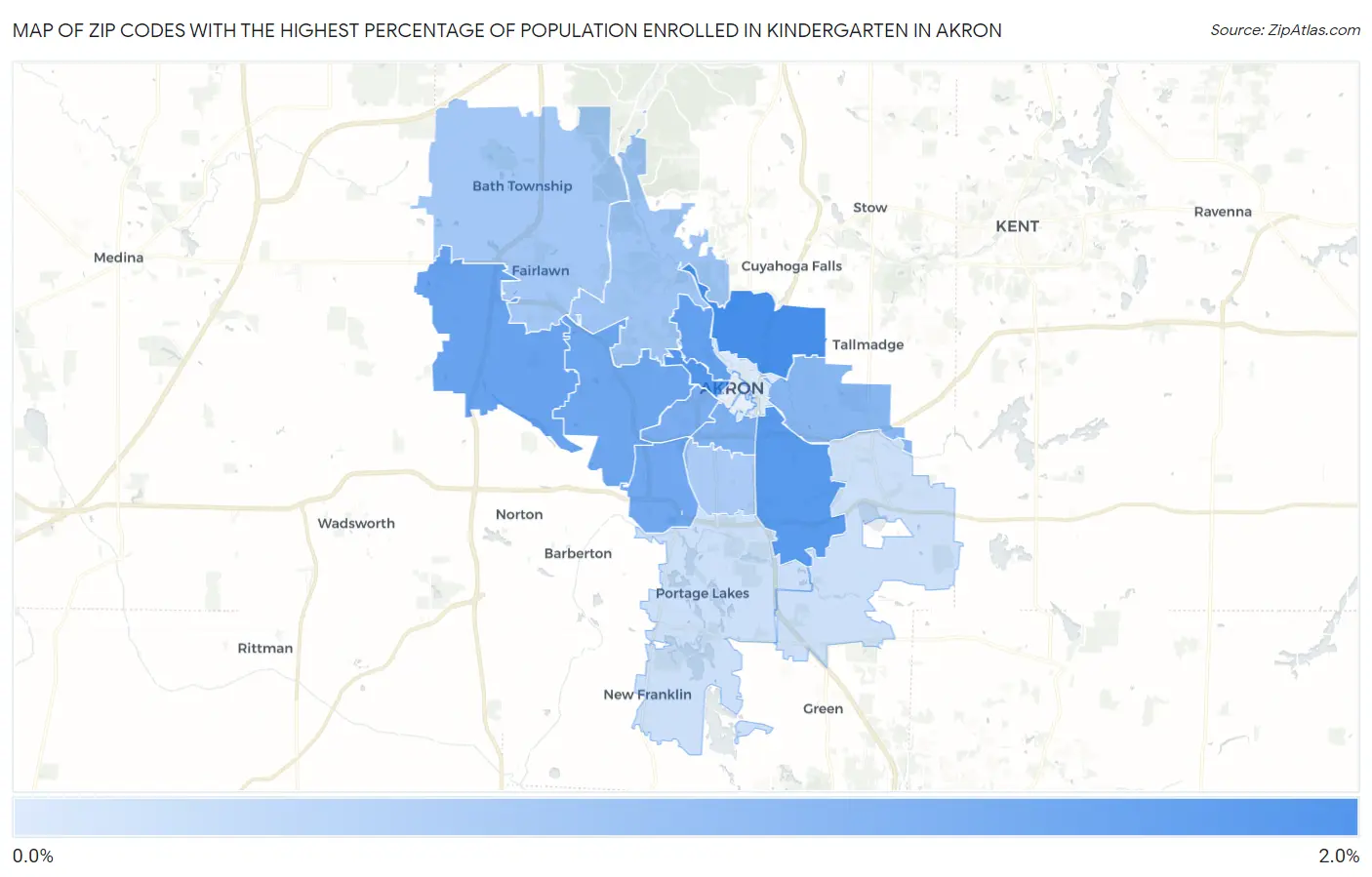Zip Codes with the Highest Percentage of Population Enrolled in Kindergarten in Akron Map