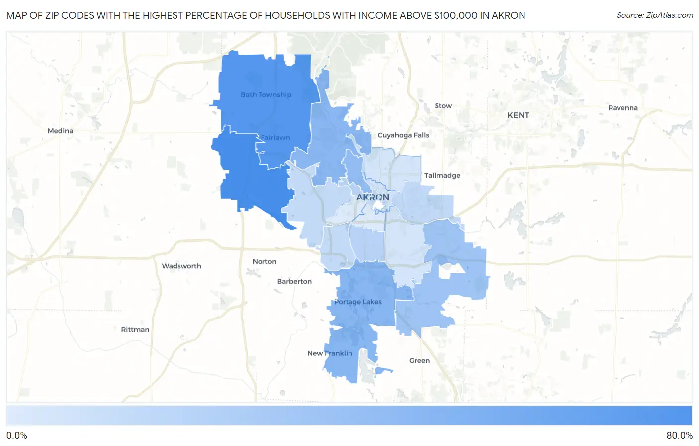 Zip Codes with the Highest Percentage of Households with Income Above $100,000 in Akron Map