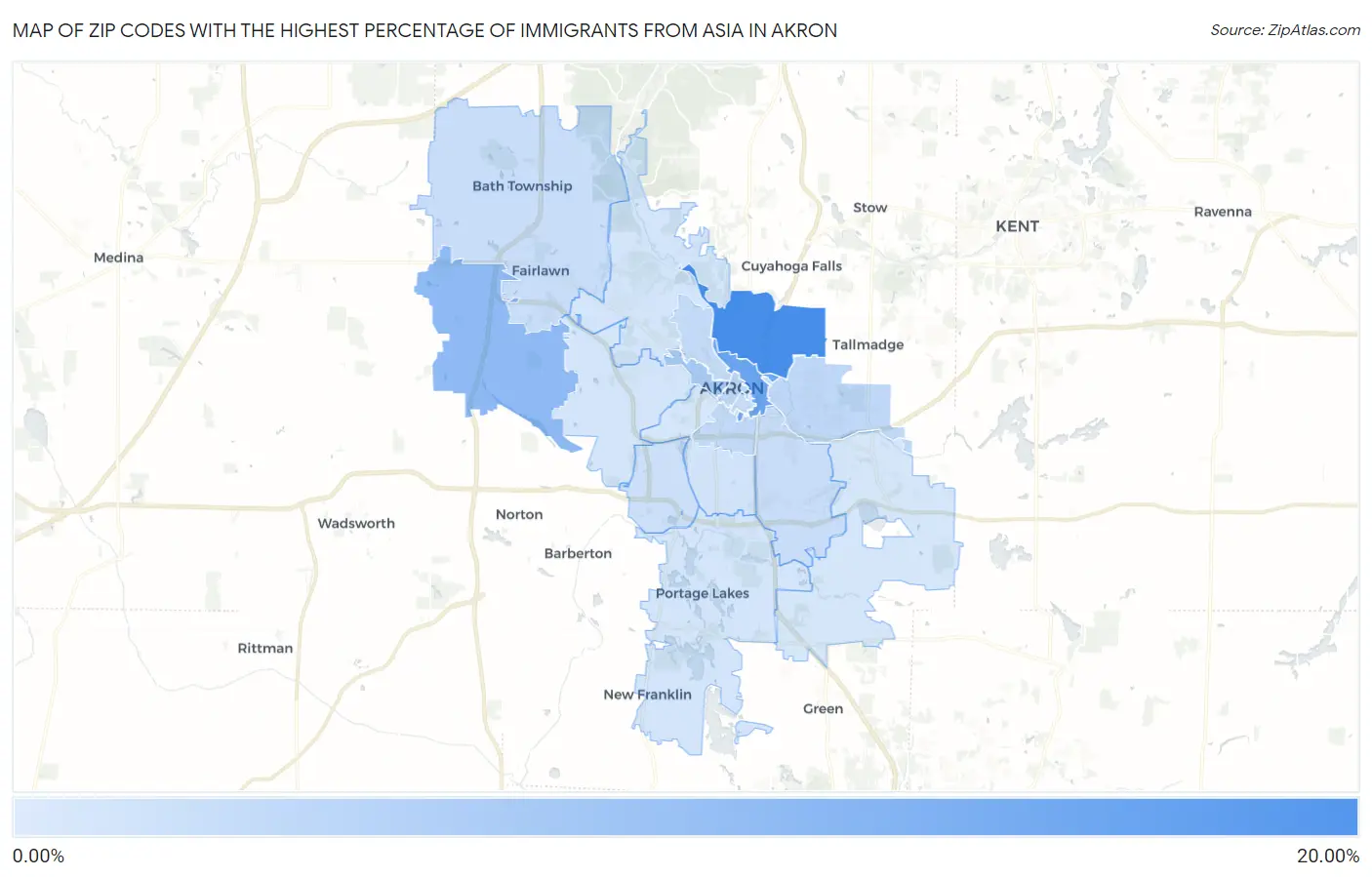Zip Codes with the Highest Percentage of Immigrants from Asia in Akron Map