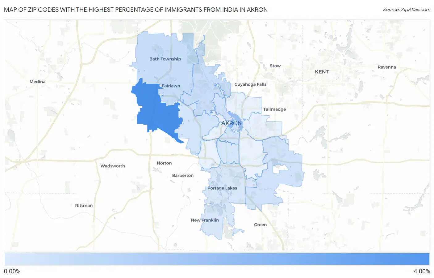 Zip Codes with the Highest Percentage of Immigrants from India in Akron Map