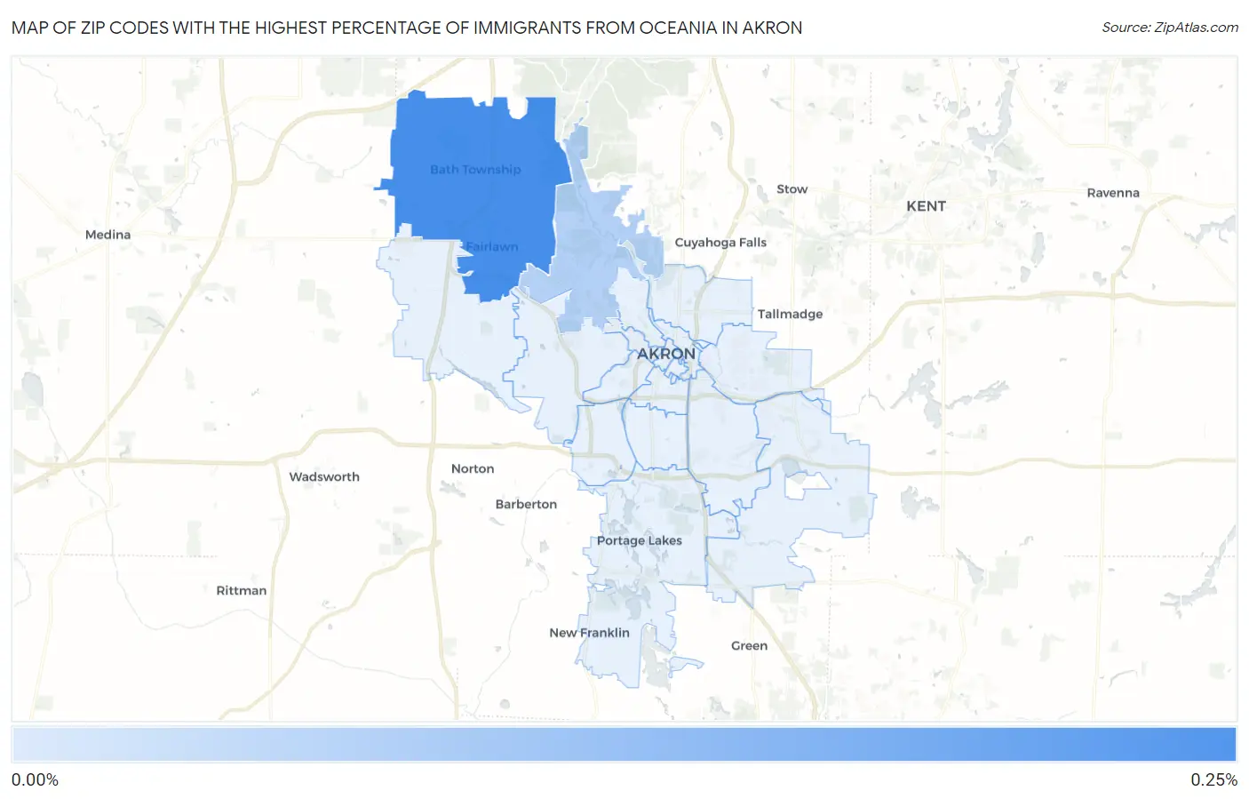 Zip Codes with the Highest Percentage of Immigrants from Oceania in Akron Map