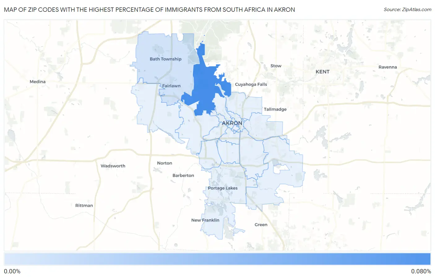 Zip Codes with the Highest Percentage of Immigrants from South Africa in Akron Map