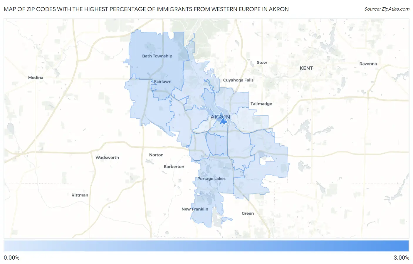 Zip Codes with the Highest Percentage of Immigrants from Western Europe in Akron Map