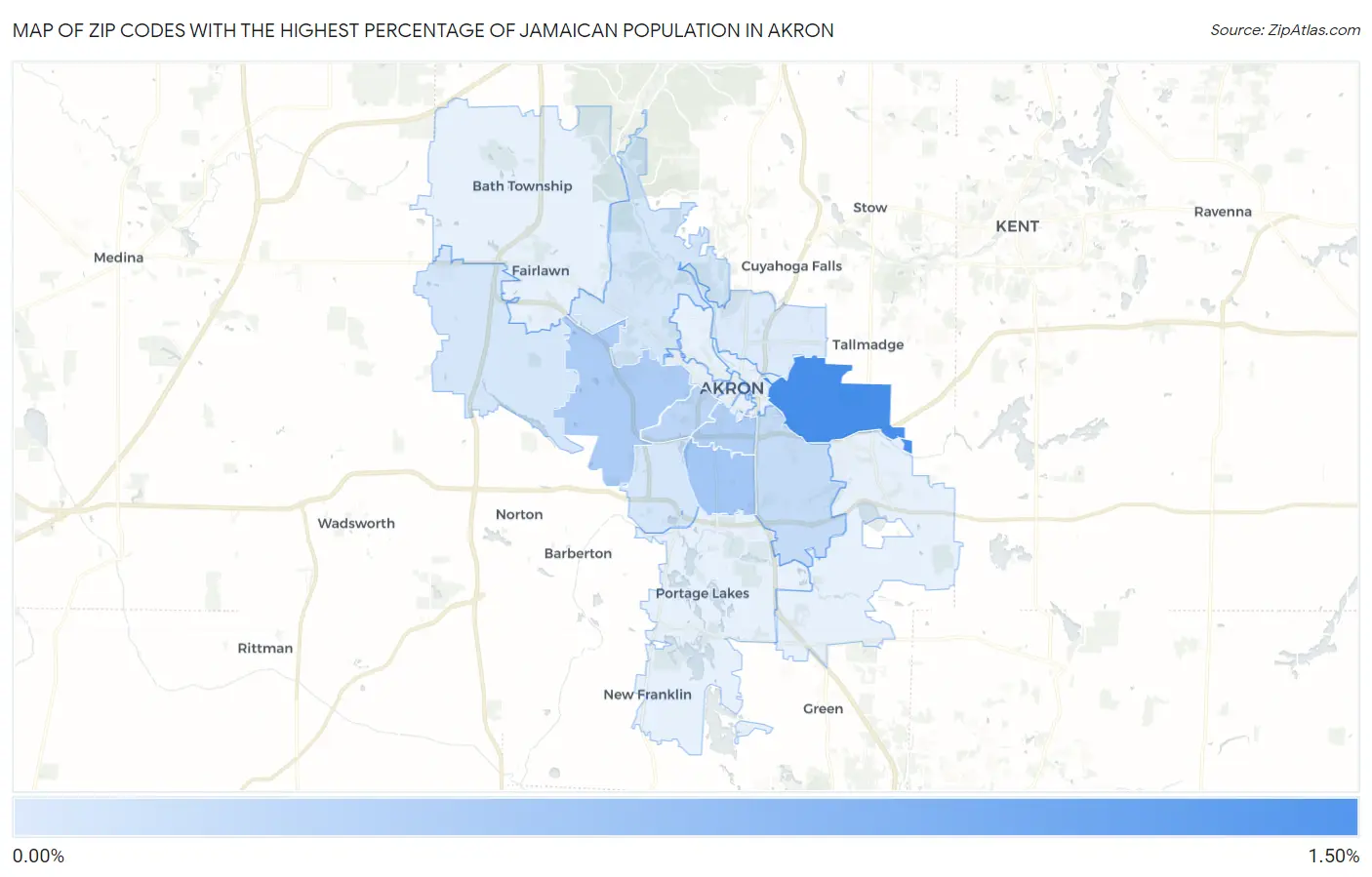 Zip Codes with the Highest Percentage of Jamaican Population in Akron Map