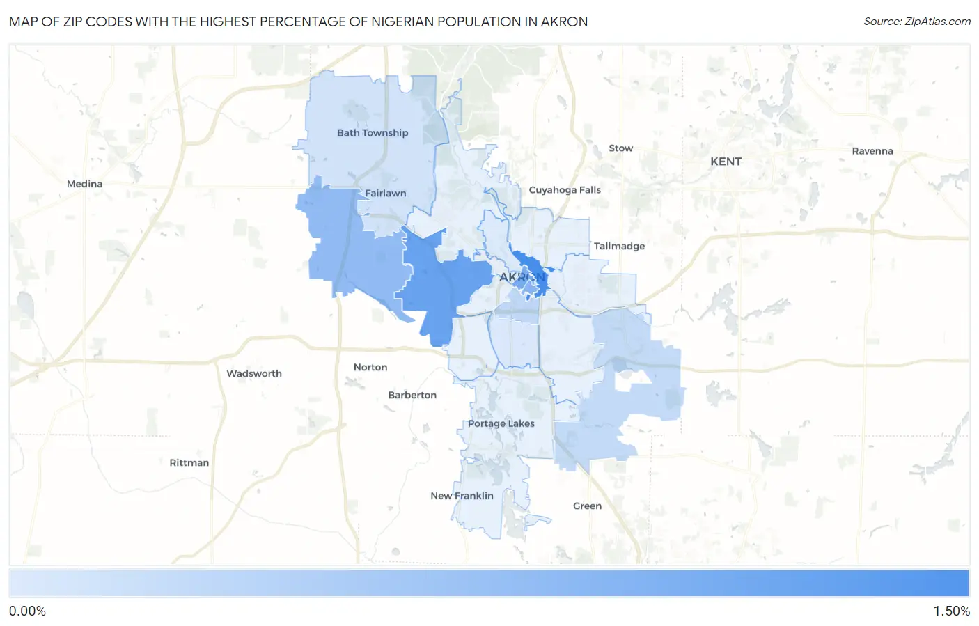Zip Codes with the Highest Percentage of Nigerian Population in Akron Map