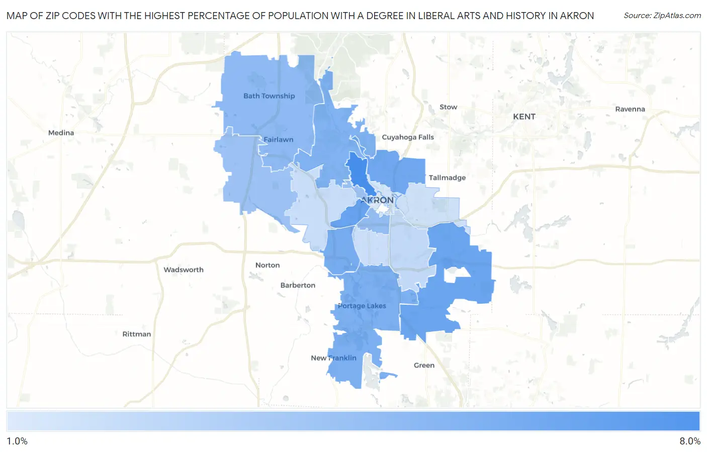 Zip Codes with the Highest Percentage of Population with a Degree in Liberal Arts and History in Akron Map