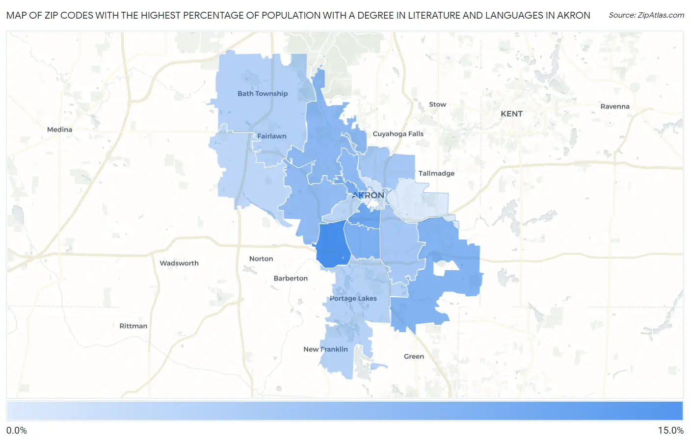 Zip Codes with the Highest Percentage of Population with a Degree in Literature and Languages in Akron Map