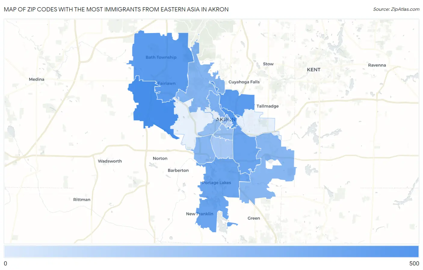 Zip Codes with the Most Immigrants from Eastern Asia in Akron Map