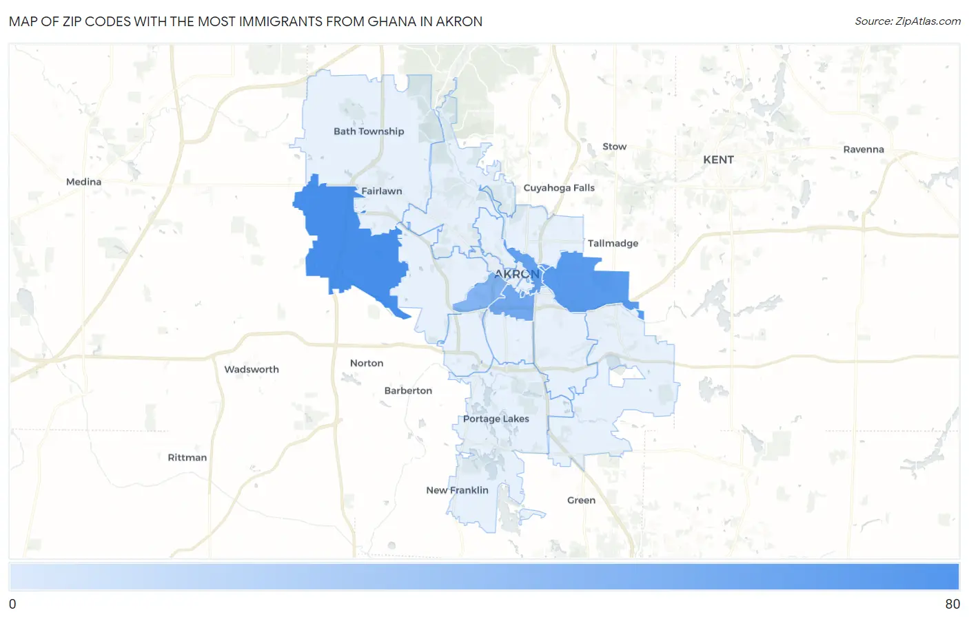 Zip Codes with the Most Immigrants from Ghana in Akron Map