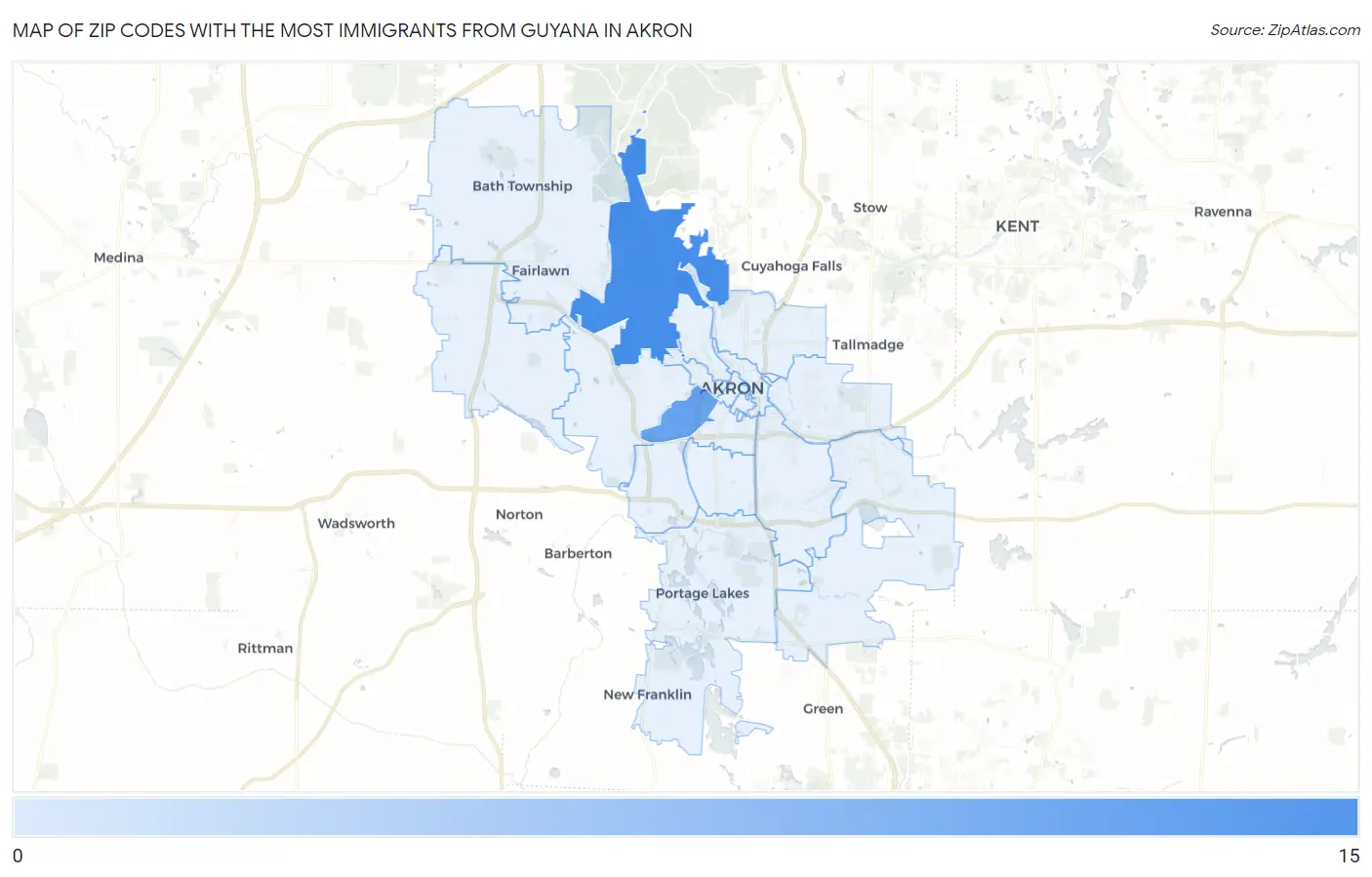 Zip Codes with the Most Immigrants from Guyana in Akron Map
