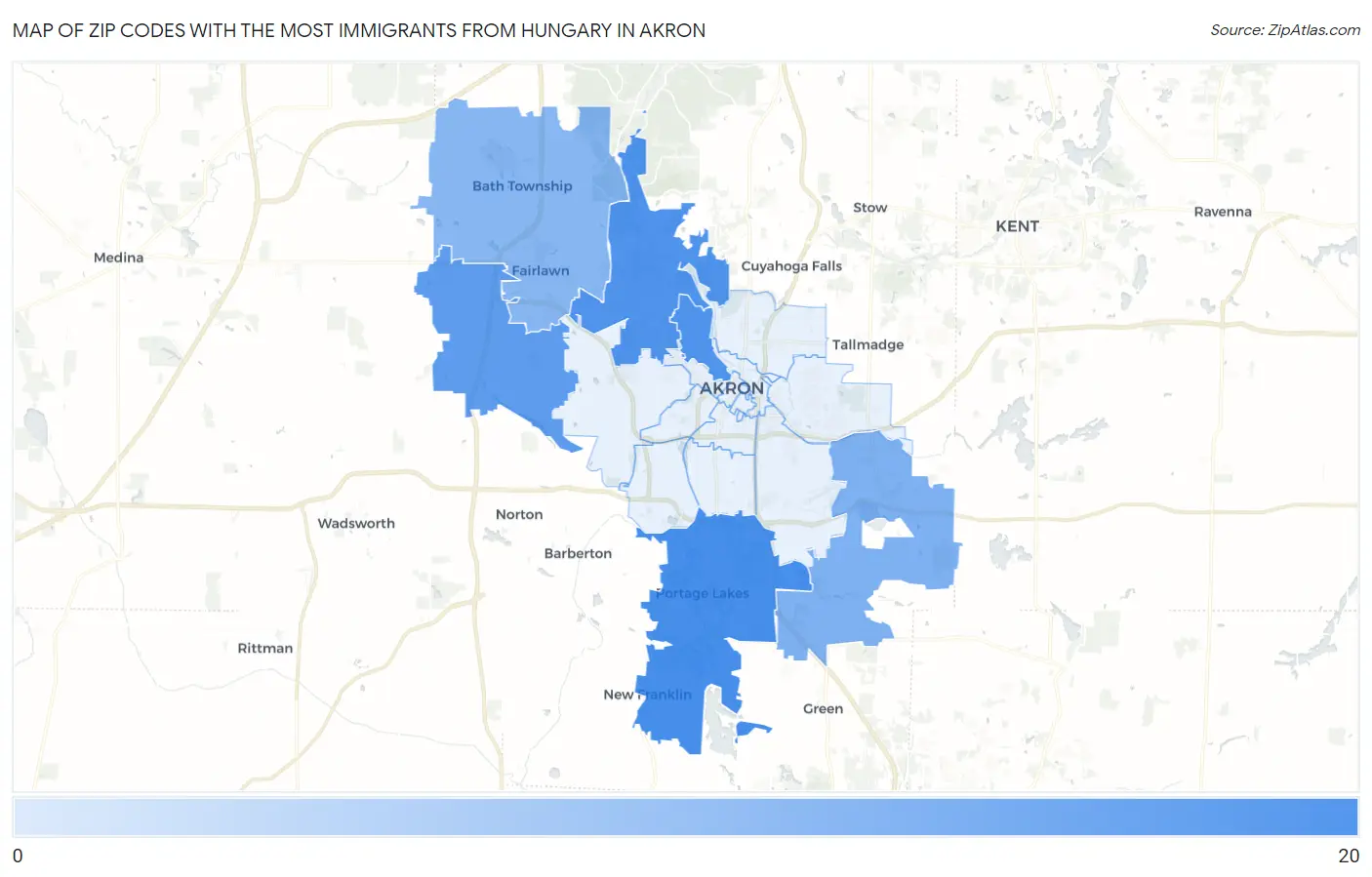 Zip Codes with the Most Immigrants from Hungary in Akron Map