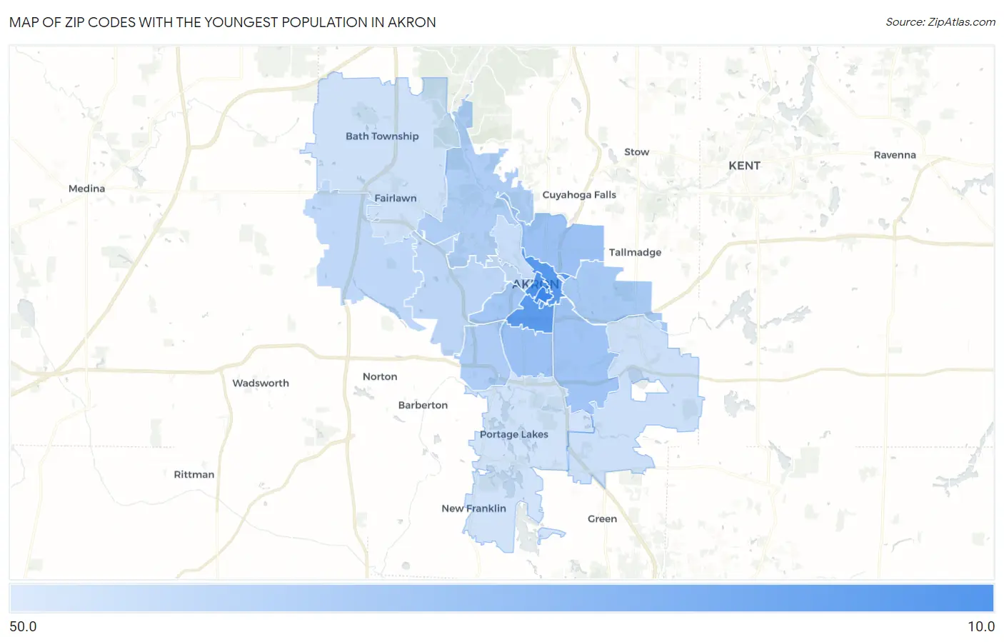 Zip Codes with the Youngest Population in Akron Map