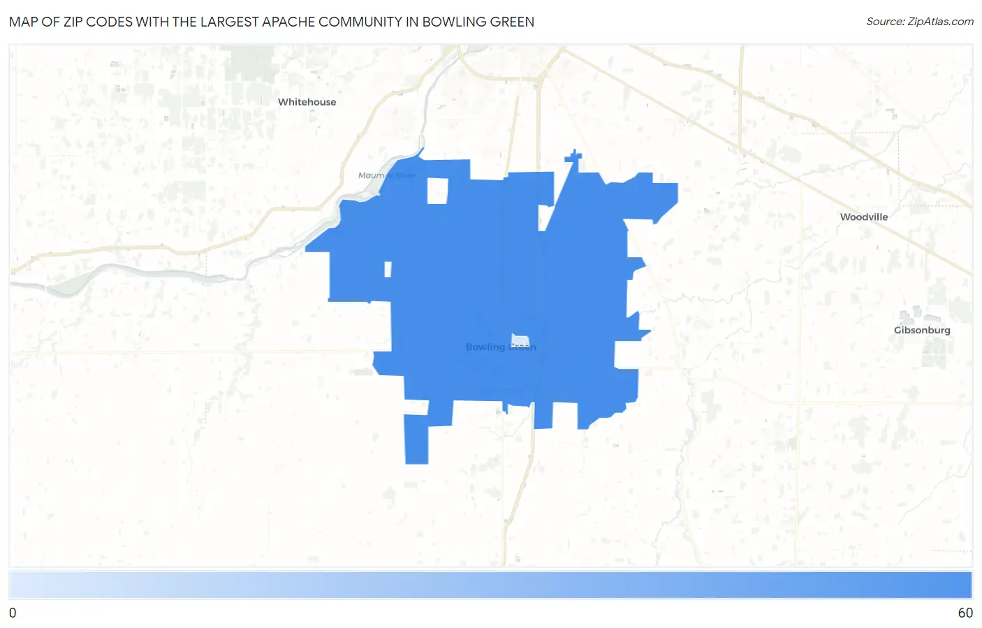 Zip Codes with the Largest Apache Community in Bowling Green Map