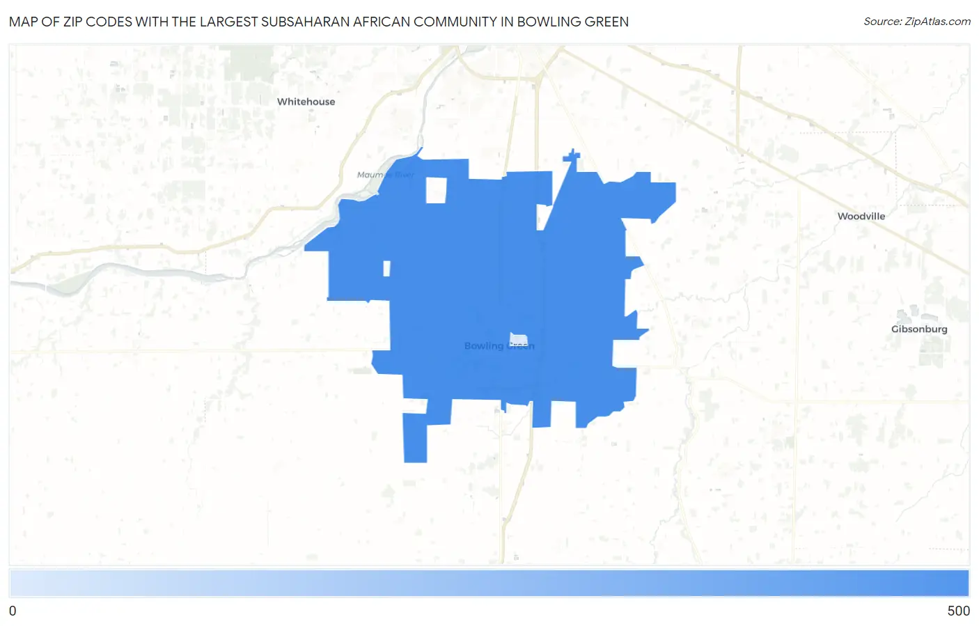 Zip Codes with the Largest Subsaharan African Community in Bowling Green Map