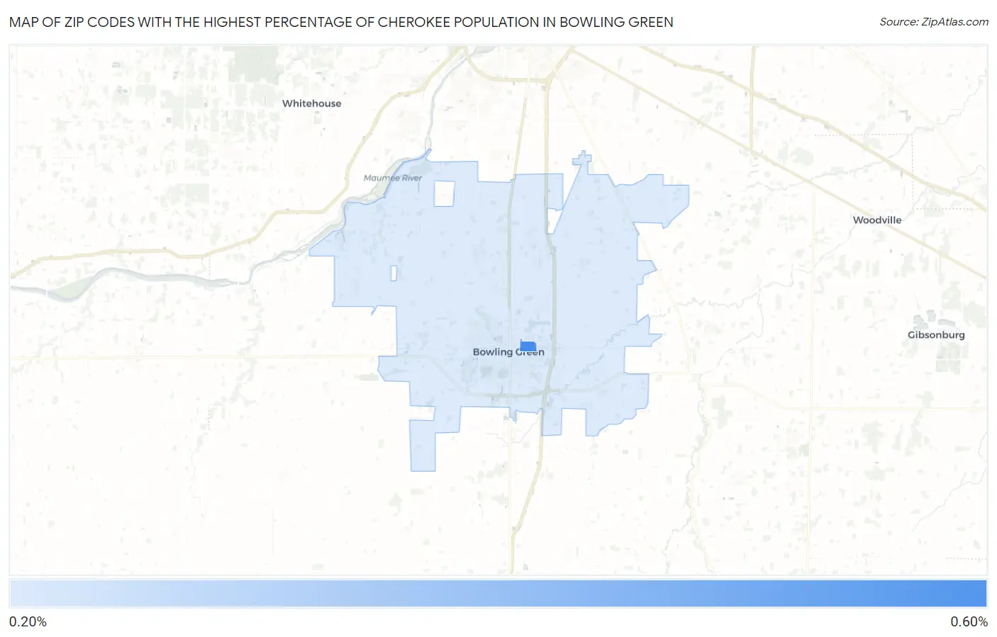 Zip Codes with the Highest Percentage of Cherokee Population in Bowling Green Map
