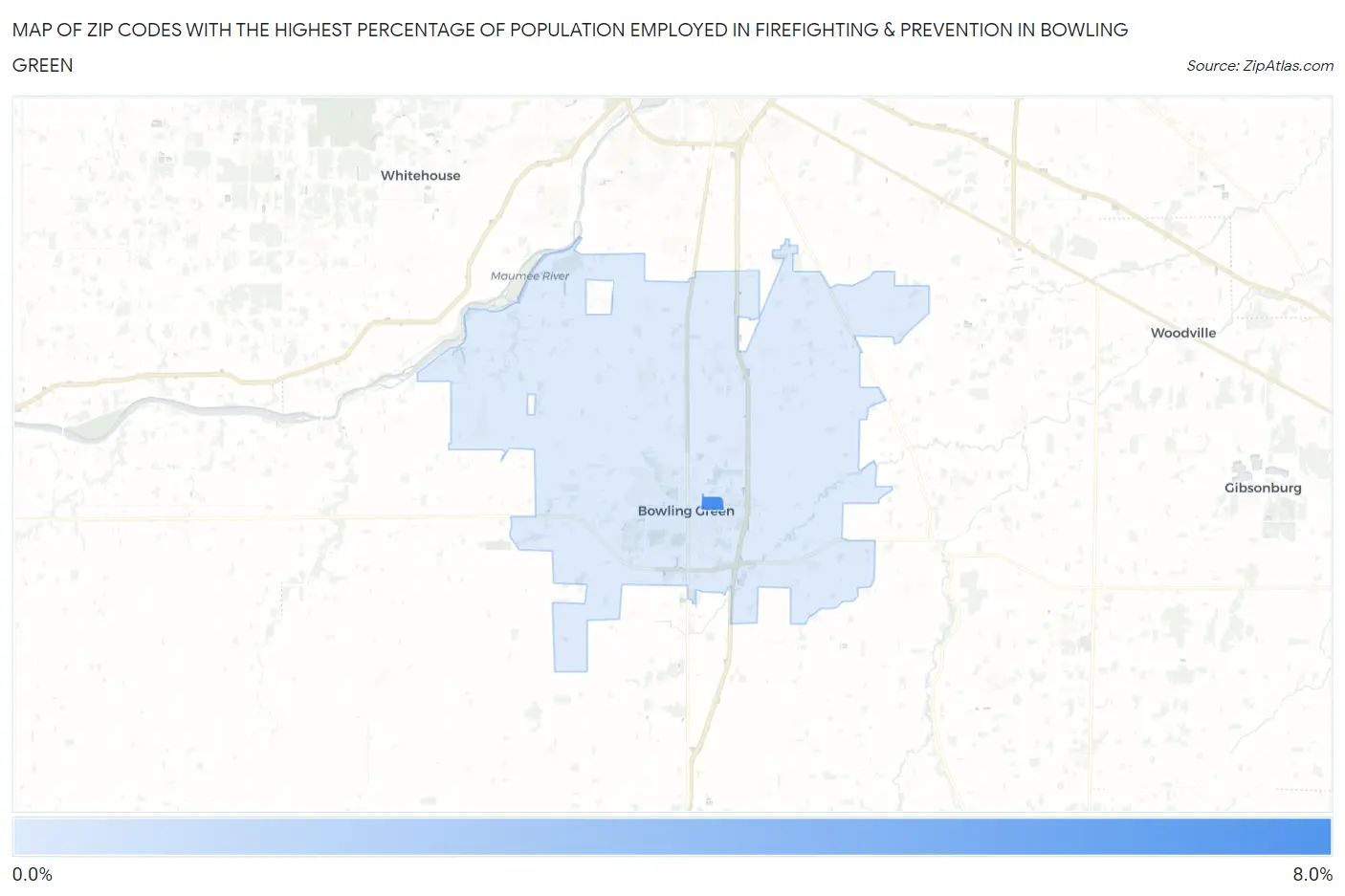 Zip Codes with the Highest Percentage of Population Employed in Firefighting & Prevention in Bowling Green Map