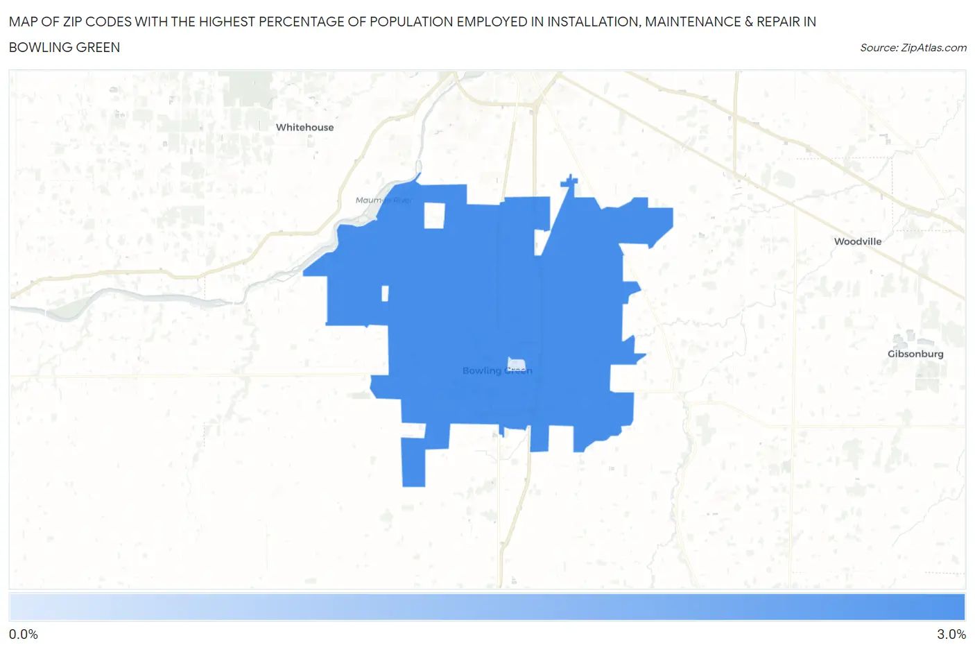 Zip Codes with the Highest Percentage of Population Employed in Installation, Maintenance & Repair in Bowling Green Map
