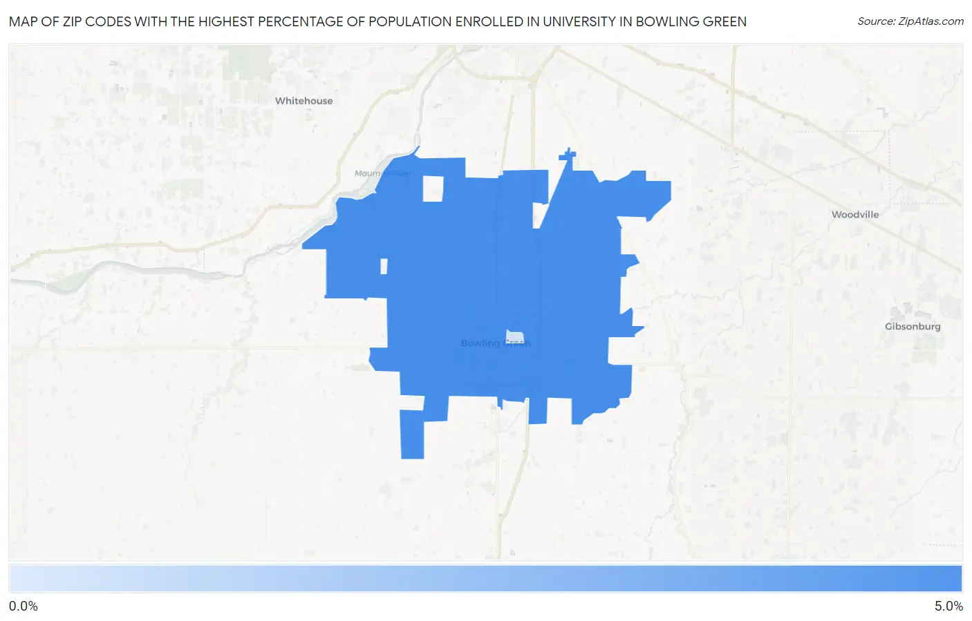 Zip Codes with the Highest Percentage of Population Enrolled in University in Bowling Green Map
