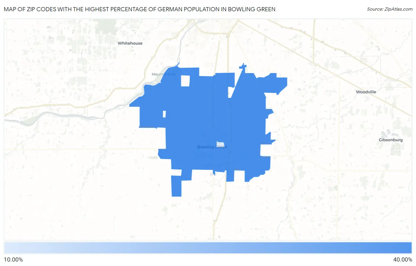 Zip Codes with the Highest Percentage of German Population in Bowling Green Map