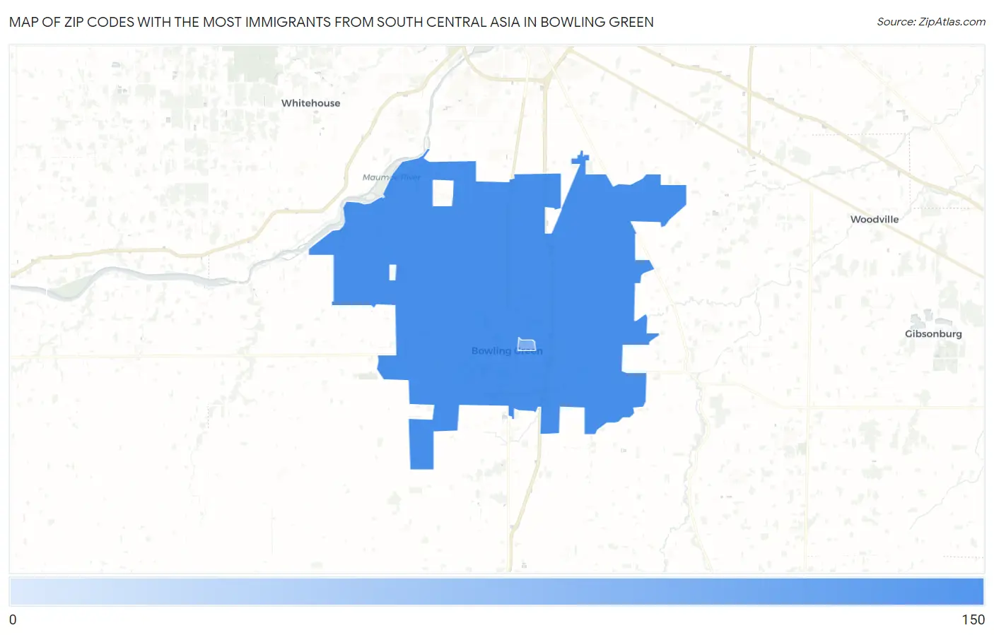 Zip Codes with the Most Immigrants from South Central Asia in Bowling Green Map