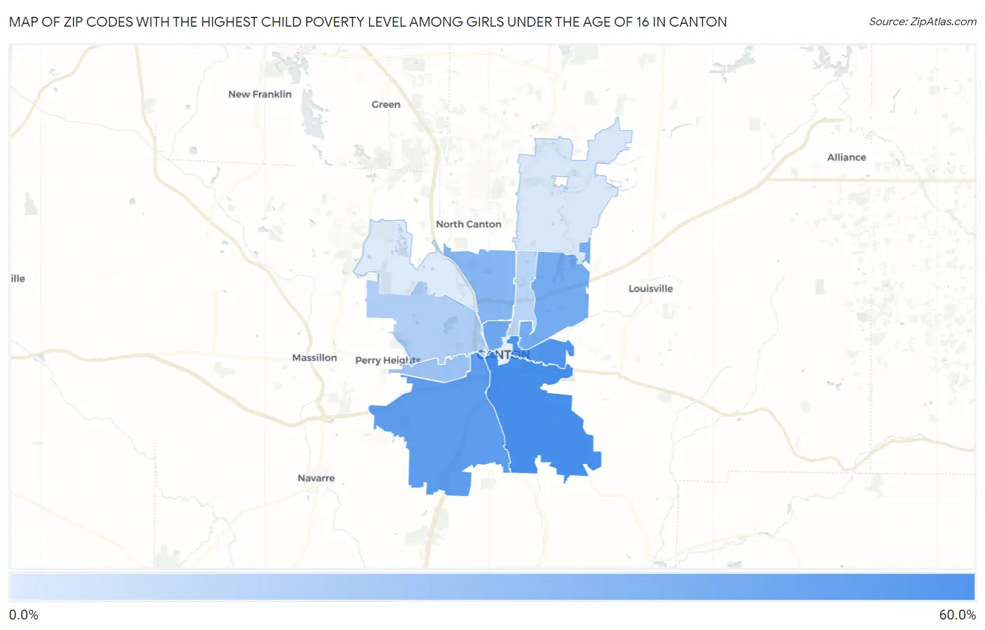 Zip Codes with the Highest Child Poverty Level Among Girls Under the Age of 16 in Canton Map