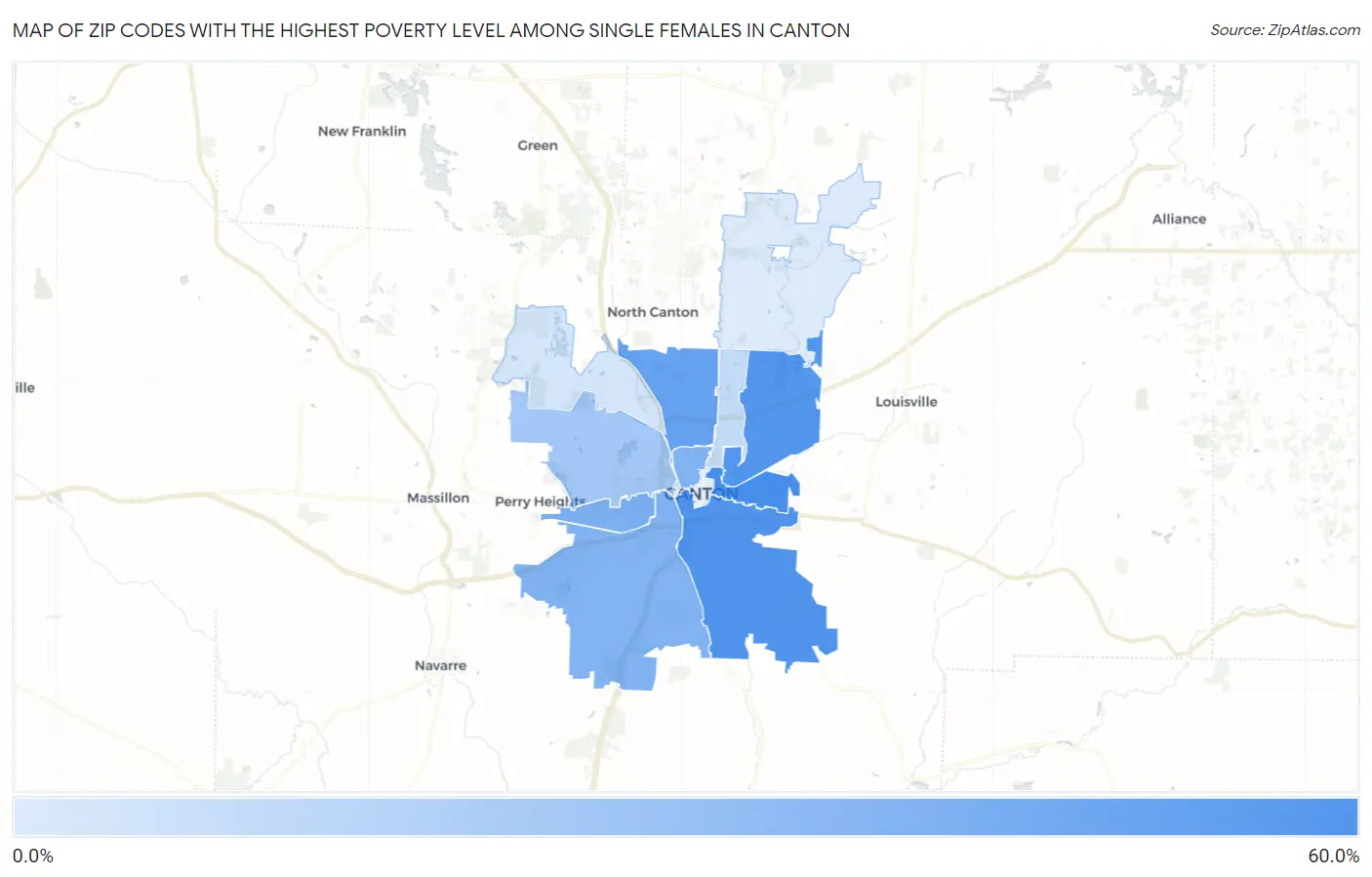 Zip Codes with the Highest Poverty Level Among Single Females in Canton Map