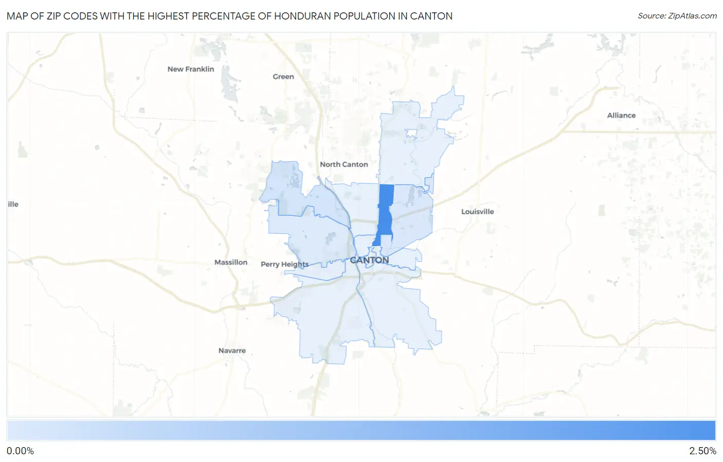 Zip Codes with the Highest Percentage of Honduran Population in Canton Map