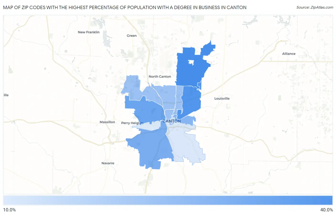 Zip Codes with the Highest Percentage of Population with a Degree in Business in Canton Map